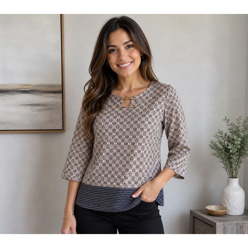 Dana Buchman Womens Medium 3/4 Sleeve Patterned Top Blouse